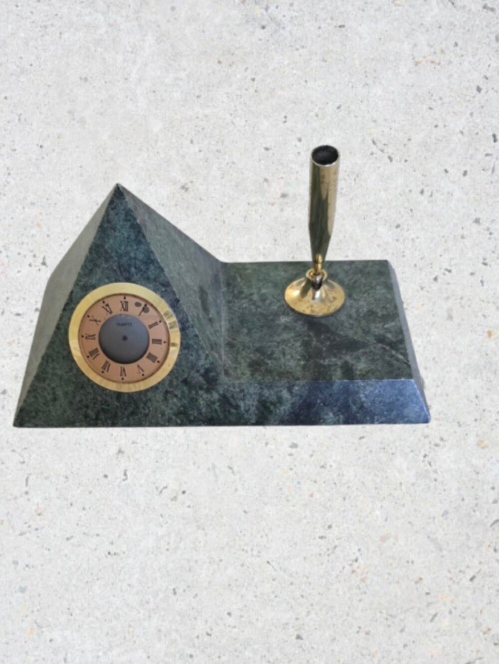 Vintage Leeman Genuine Green Marble Clock + Pen Holder Desk Set Taiwan